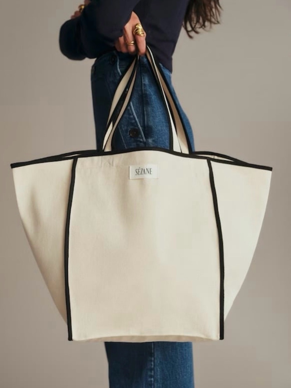 Sezane Cream Canvas Tote with Black Trim - new without tag